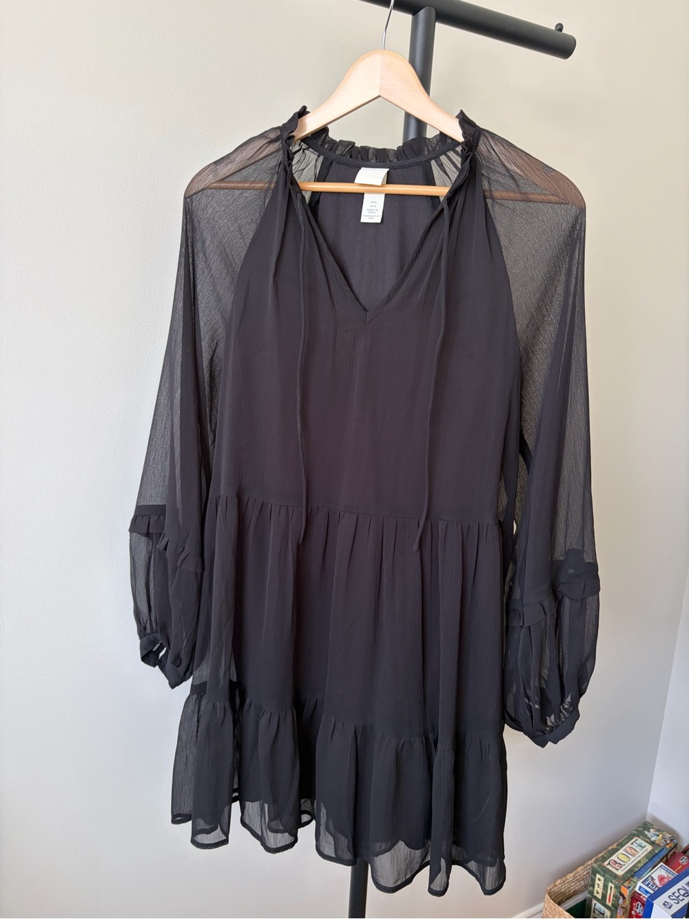 H&M Black Sheer Long Sleeve Tiered V-Neck Dress